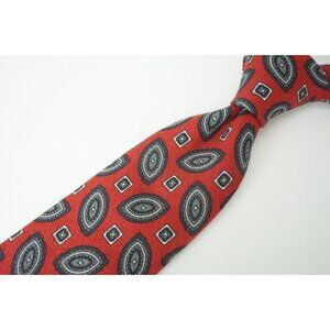 Isaia 7 Fold Cherry Red Gray Geometric Woven Herringbone Wool Blend Tie NEW